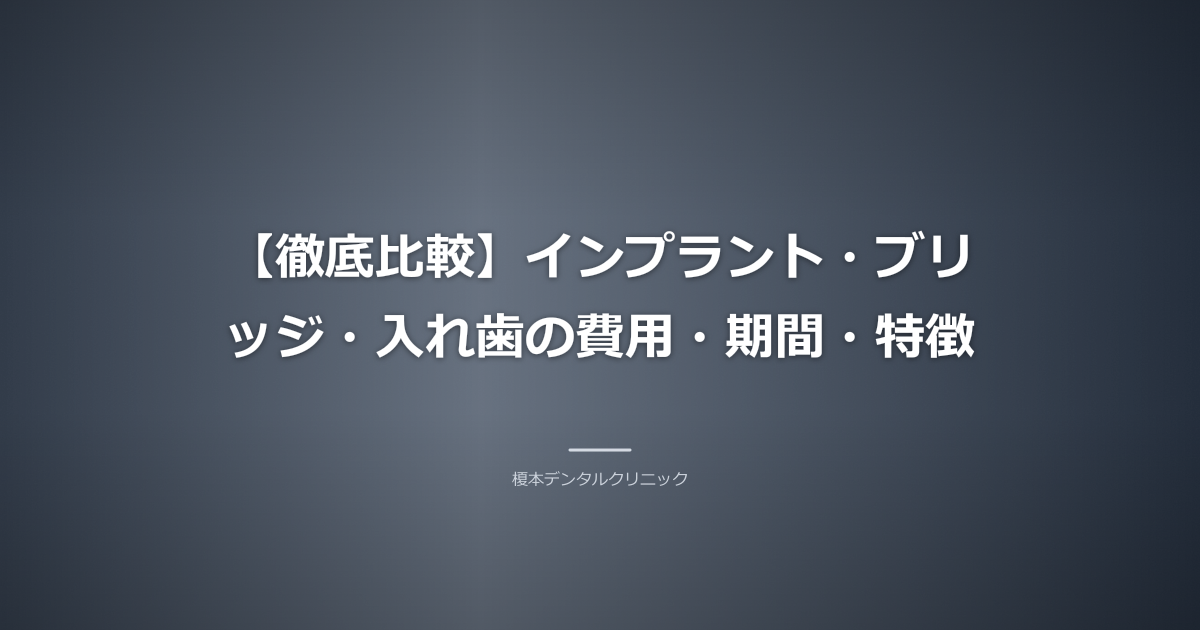 三つの治療法(インプラント、ブリッジ、入れ歯)の比較表がグラフィカルに表現されたイラスト。費用や期間、見た目のアイコンが添えられている